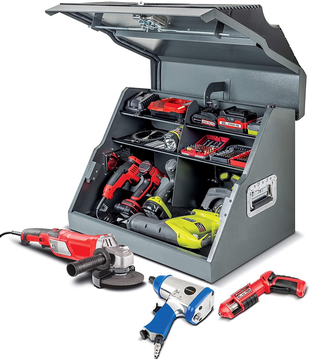 PowerBuilt Tools 26 in. Rapid Box Portable Slant Front Power Tool Locker Box - Grey