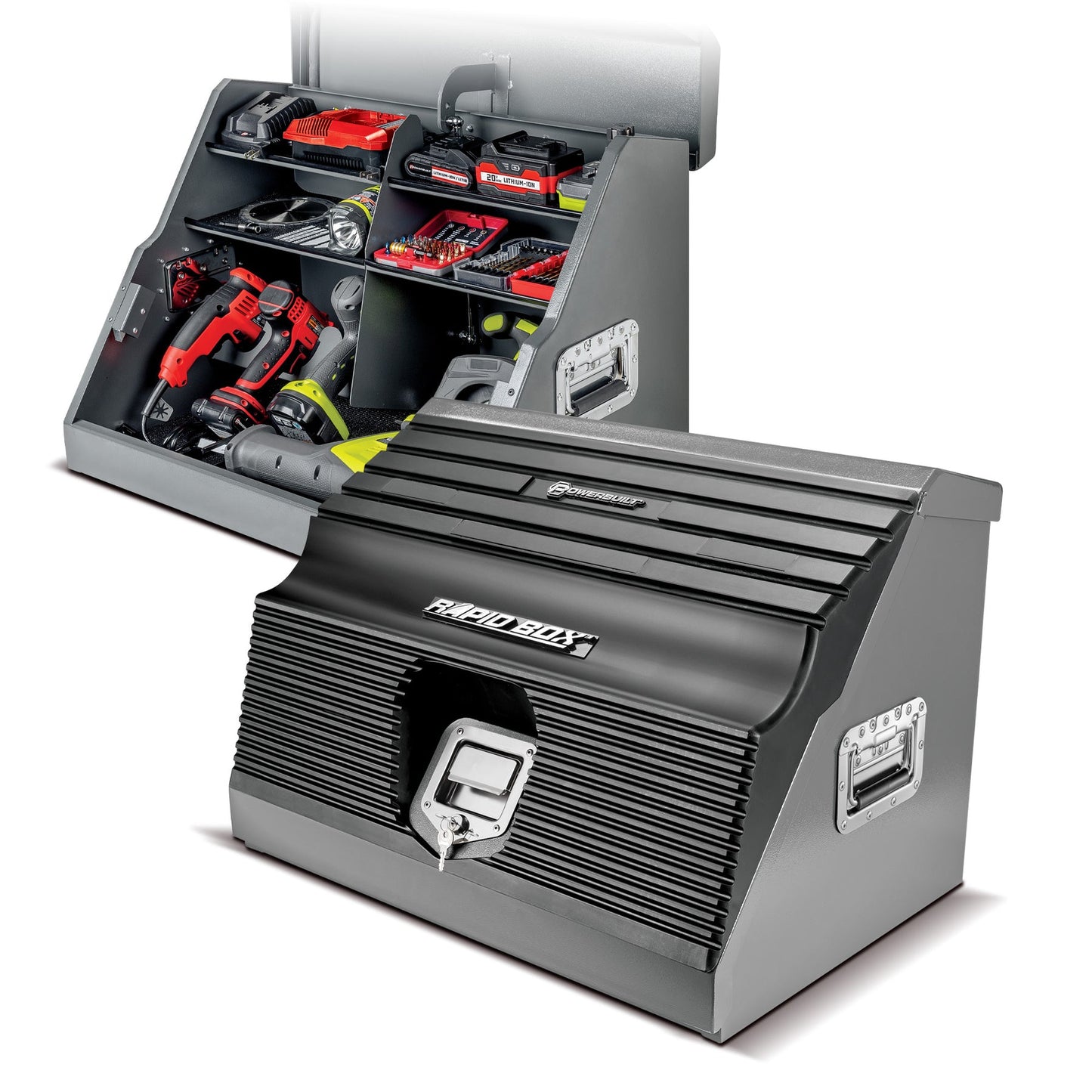 PowerBuilt Tools 26 in. Rapid Box Portable Slant Front Power Tool Locker Box - Grey