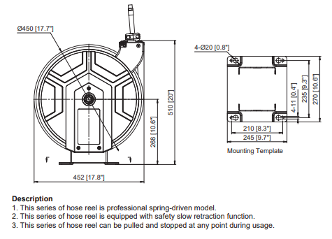 Macnaught M3 Heavy Duty Slow Retraction with cover Air Water Hose Reel 3/8” x 50 ft – PN# M3D-SSAW3850-H