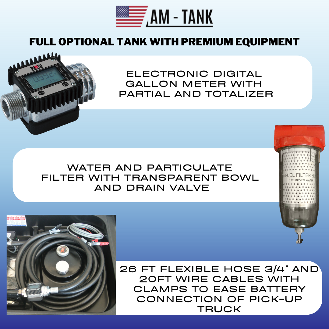 AM-Tank PREMIUM 116 Gallon Diesel transfer tank with 12v pump, meter, nozzle, battery pack